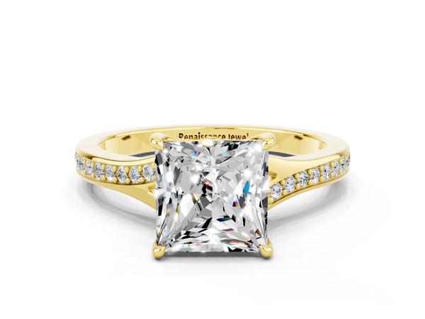 Yellow gold Princess Cut Moissanite Solitaire Ring with Pavé Band and Prong Setting
