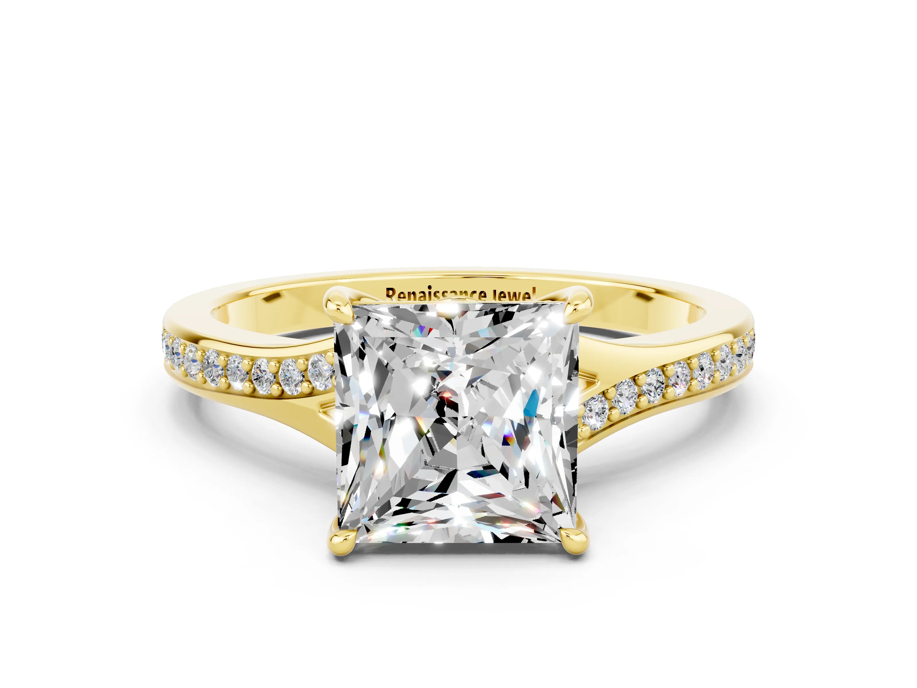 Yellow gold Princess Cut Moissanite Solitaire Ring with Pavé Band and Prong Setting_12