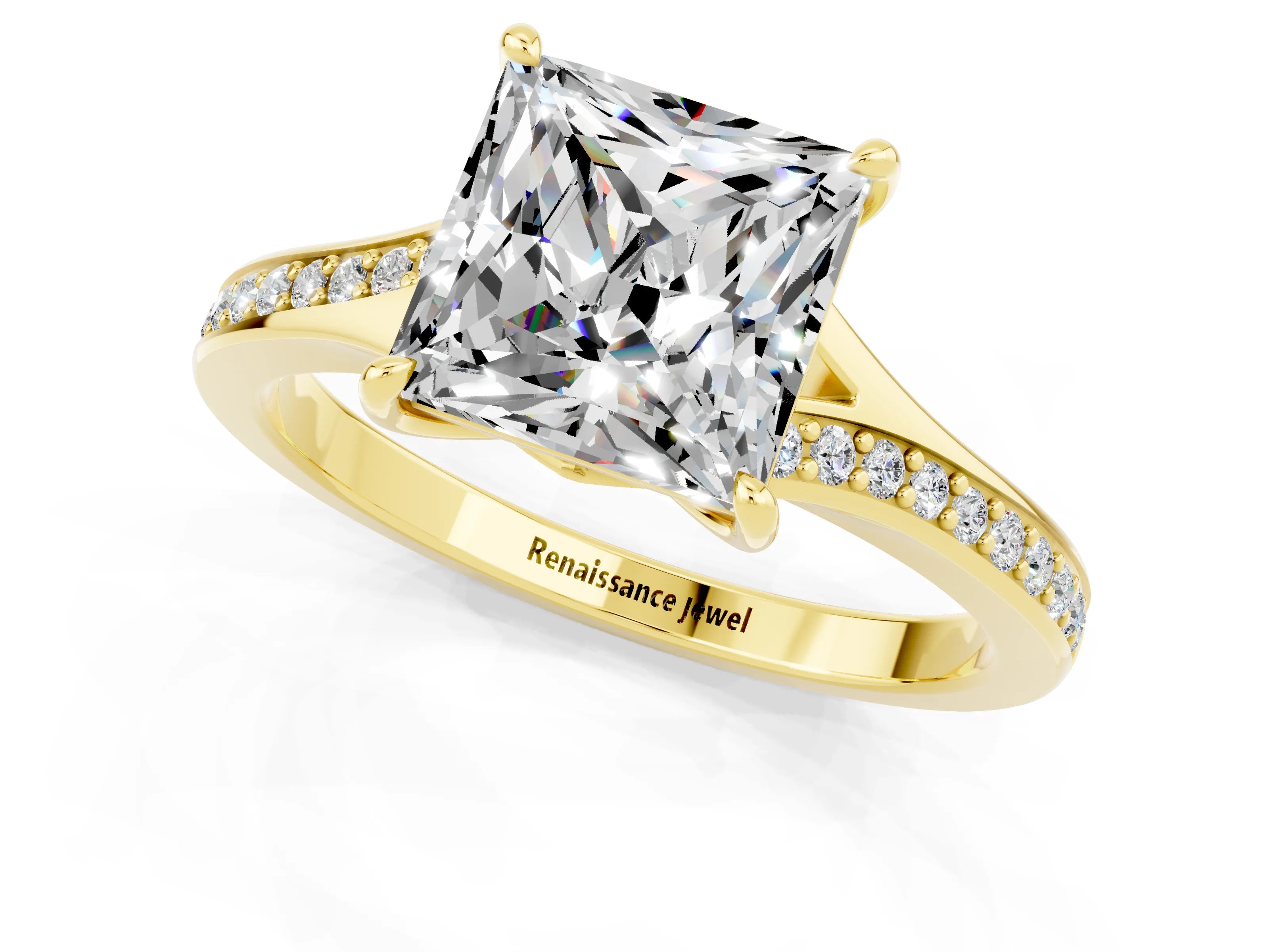 Yellow gold Princess Cut Moissanite Solitaire Ring with Pavé Band and Prong Setting_13