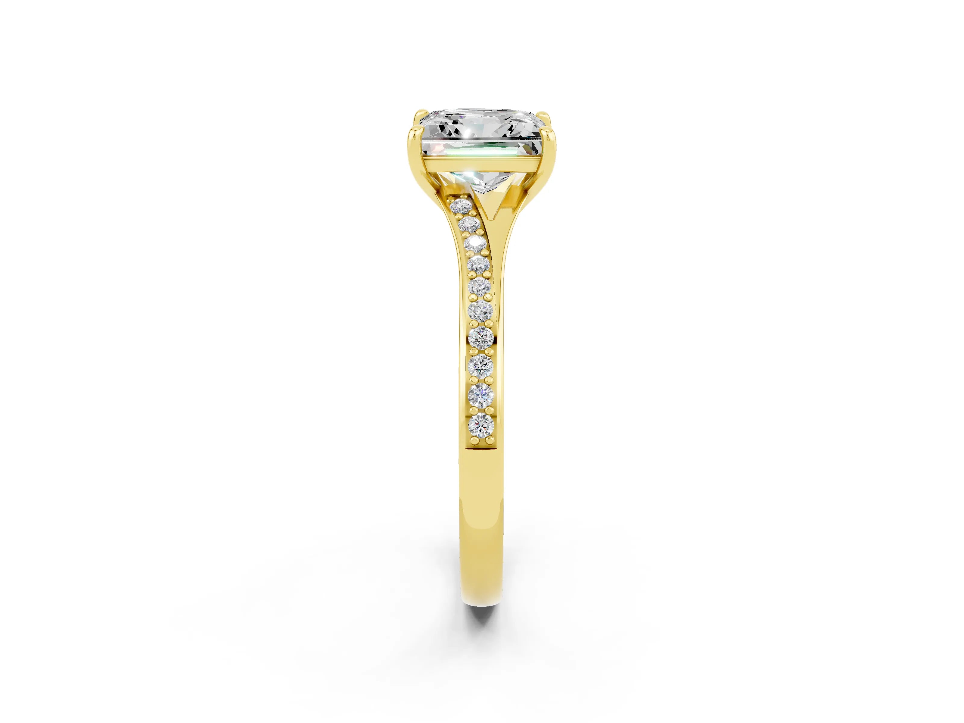 Yellow gold Princess Cut Moissanite Solitaire Ring with Pavé Band and Prong Setting_14