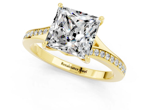 Yellow gold Princess Cut Moissanite Solitaire Ring with Pavé Band and Prong Setting_1