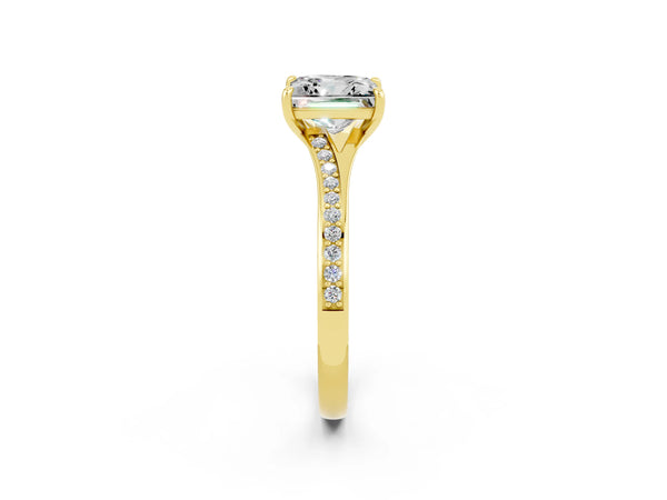 Yellow gold Princess Cut Moissanite Solitaire Ring with Pavé Band and Prong Setting