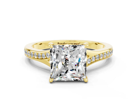 Yellow gold Princess Cut Moissanite Solitaire Ring with Pavé Band and Prong Setting