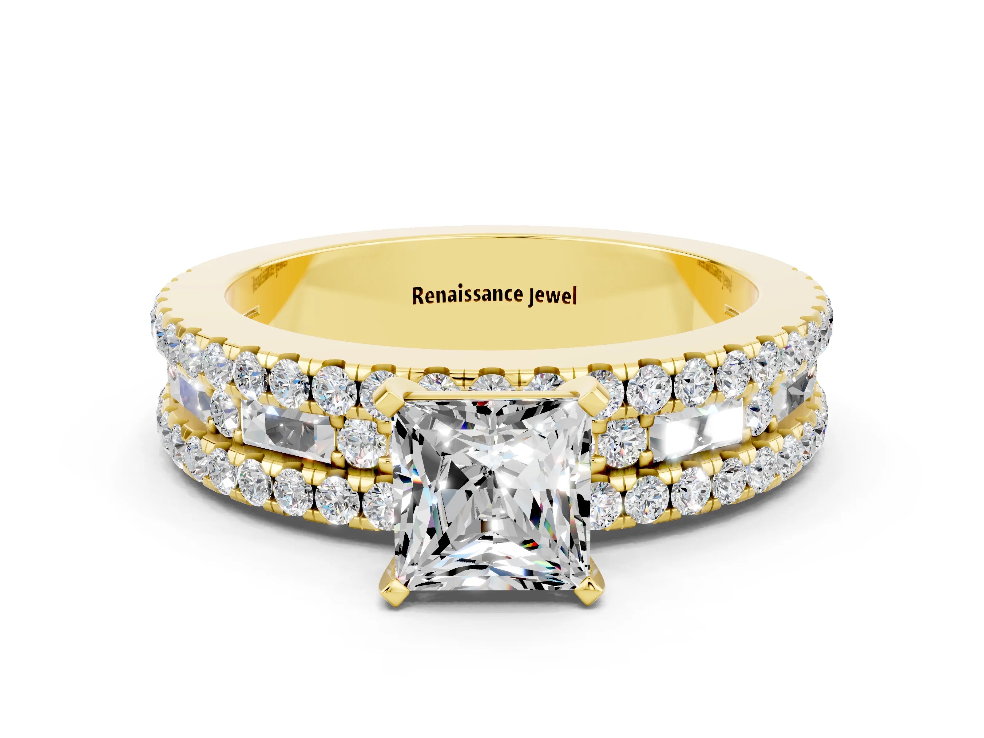 Yellow gold Princess Cut Moissanite Solitaire Ring with Pavé and Channel Set Band
