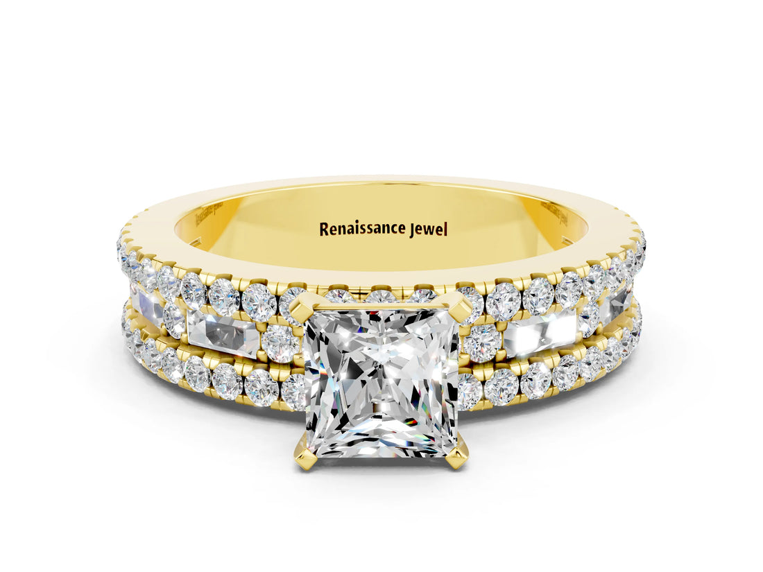 Yellow gold Princess Cut Moissanite Solitaire Ring with Pavé and Channel Set Band