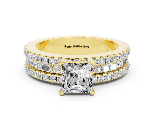 Yellow gold Princess Cut Moissanite Solitaire Ring with Pavé and Channel Set Band