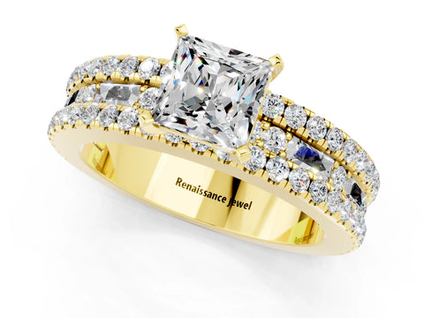Yellow gold Princess Cut Moissanite Solitaire Ring with Pavé and Channel Set Band_1