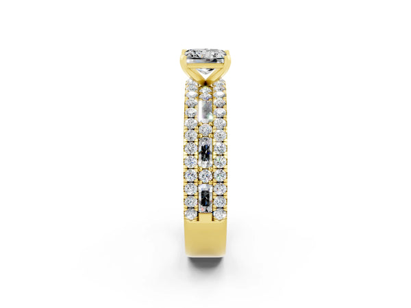 Yellow gold Princess Cut Moissanite Solitaire Ring with Pavé and Channel Set Band