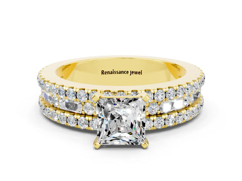Yellow gold Princess Cut Moissanite Solitaire Ring with Pavé and Channel Set Band