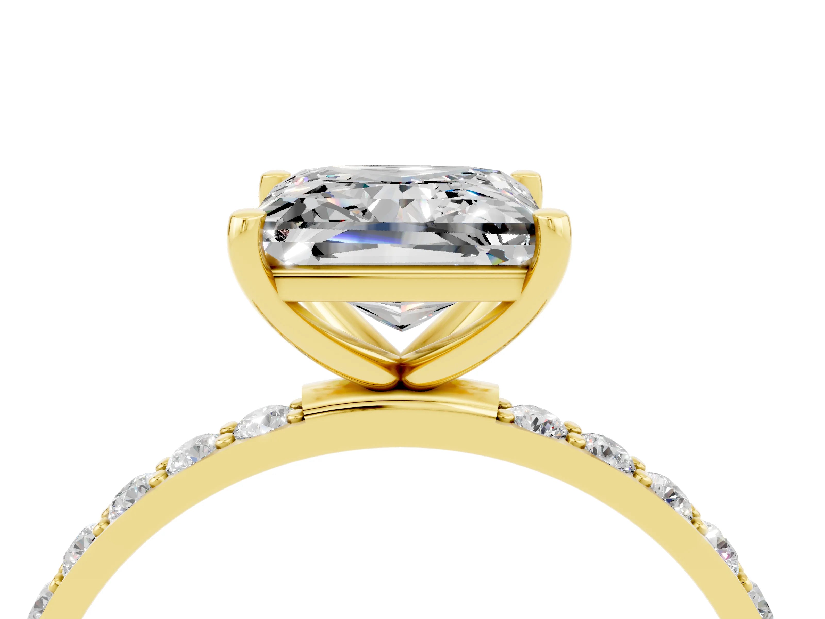 Yellow gold Princess Cut Moissanite Solitaire Ring with Pave Band and Four Prong Setting_16