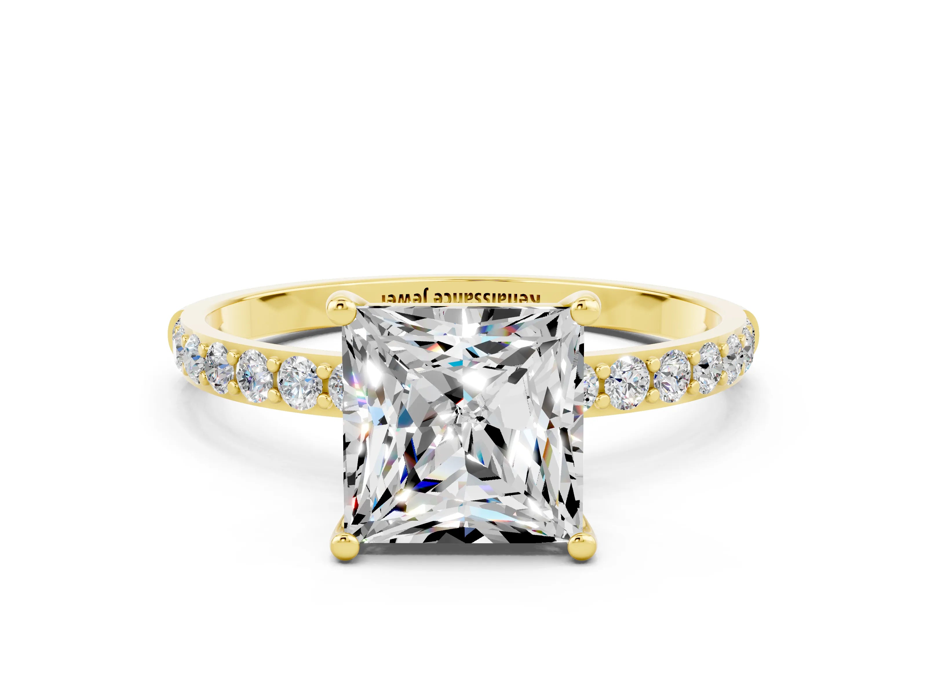 Yellow gold Princess Cut Moissanite Solitaire Ring with Pave Band and Four Prong Setting_24