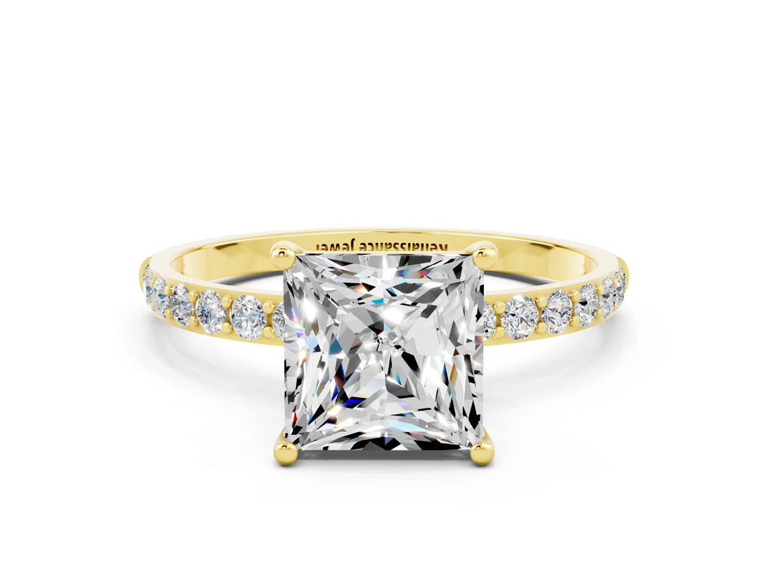 Yellow gold Princess Cut Moissanite Solitaire Ring with Pave Band and Four Prong Setting_24