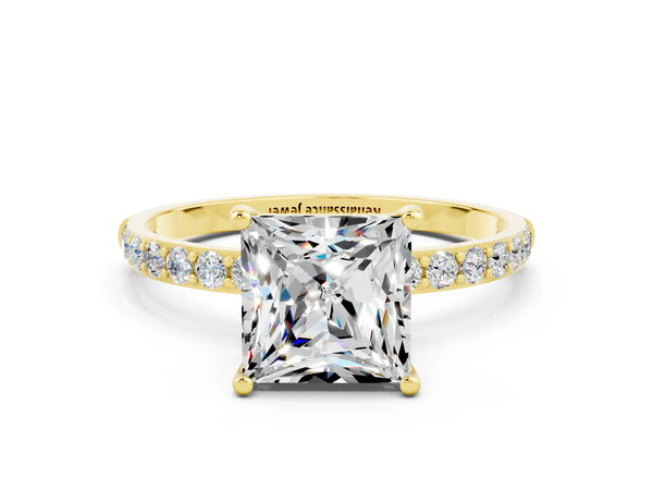 Yellow gold Princess Cut Moissanite Solitaire Ring with Round  Pavé Band and Prong Setting