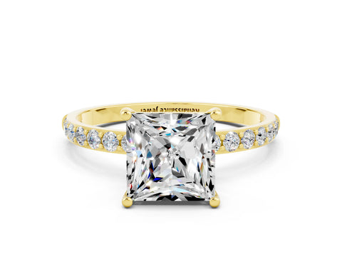 Yellow gold Princess Cut Moissanite Solitaire Ring with Pave Band and Four Prong Setting_24