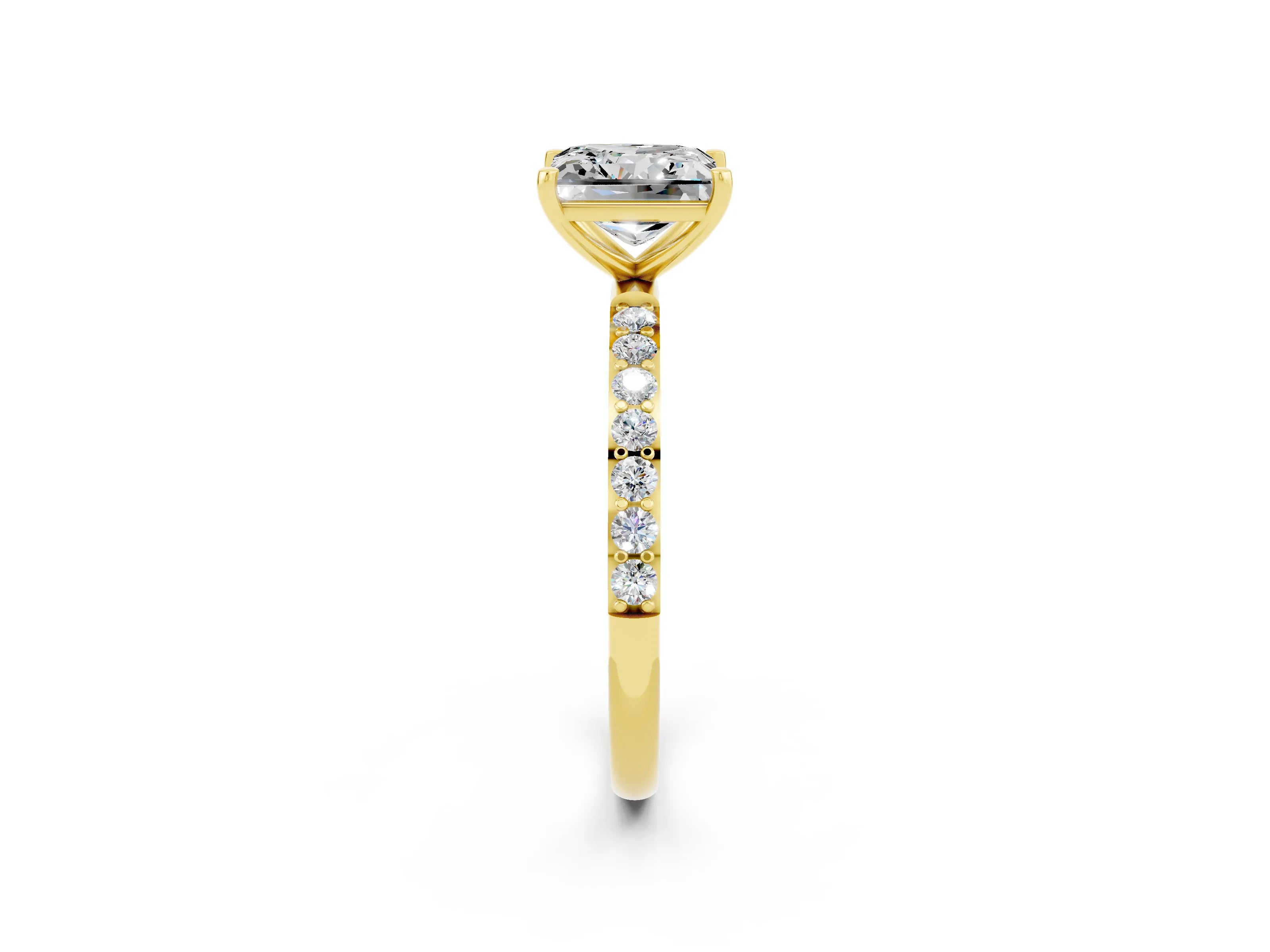 Yellow gold Princess Cut Moissanite Solitaire Ring with Pave Band and Four Prong Setting_26