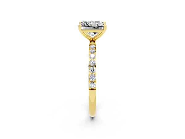 Yellow gold Princess Cut Moissanite Solitaire Ring with Round  Pavé Band and Prong Setting