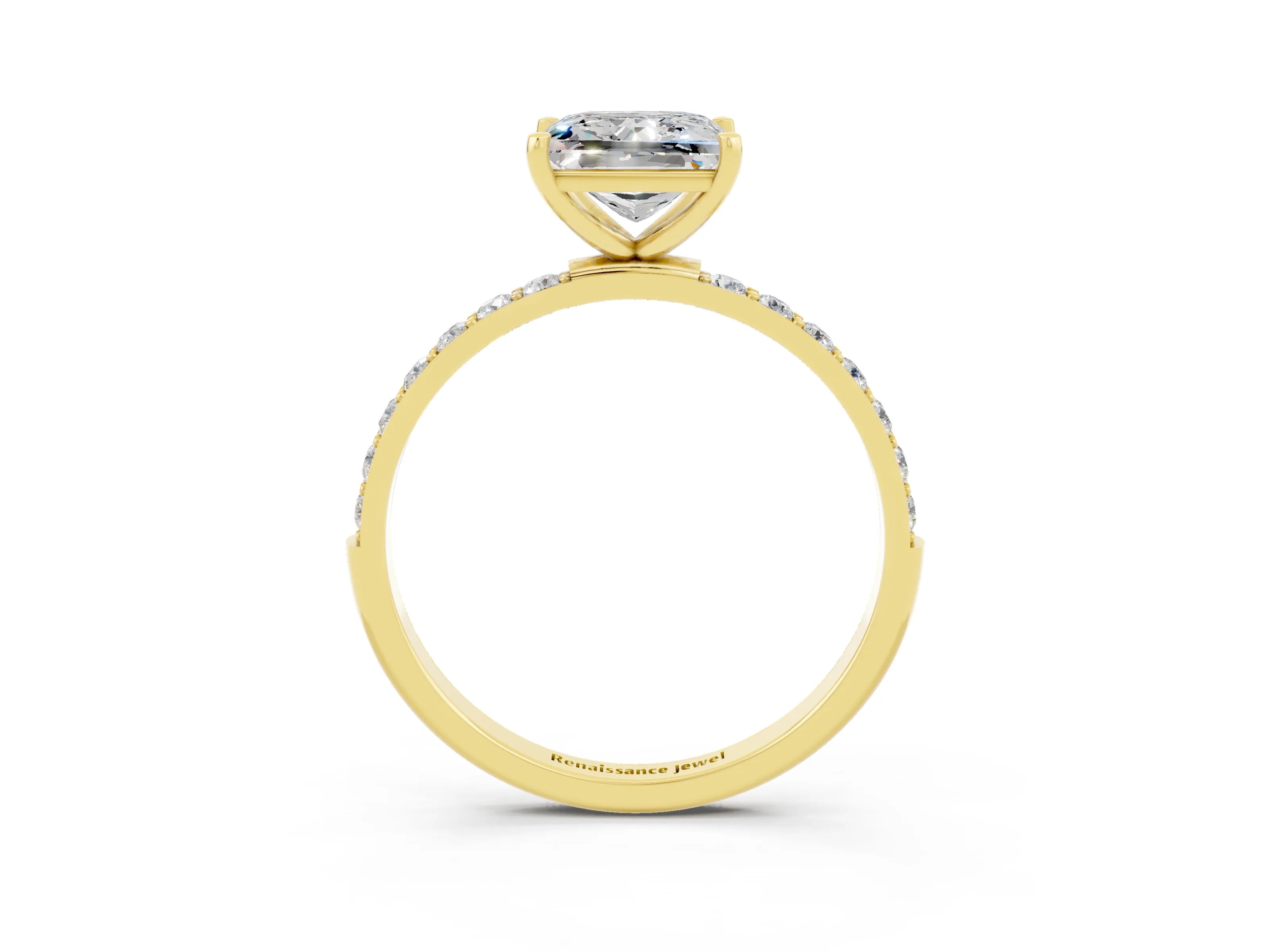 Yellow gold Princess Cut Moissanite Solitaire Ring with Pave Band and Four Prong Setting_27