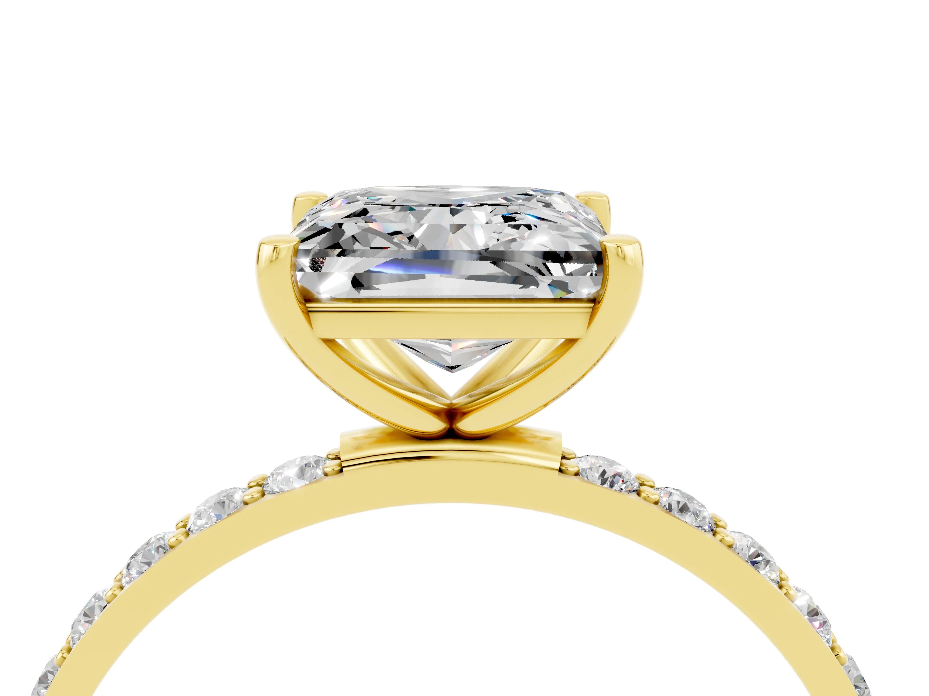 Yellow gold Princess Cut Moissanite Solitaire Ring with Pave Band and Four Prong Setting_28