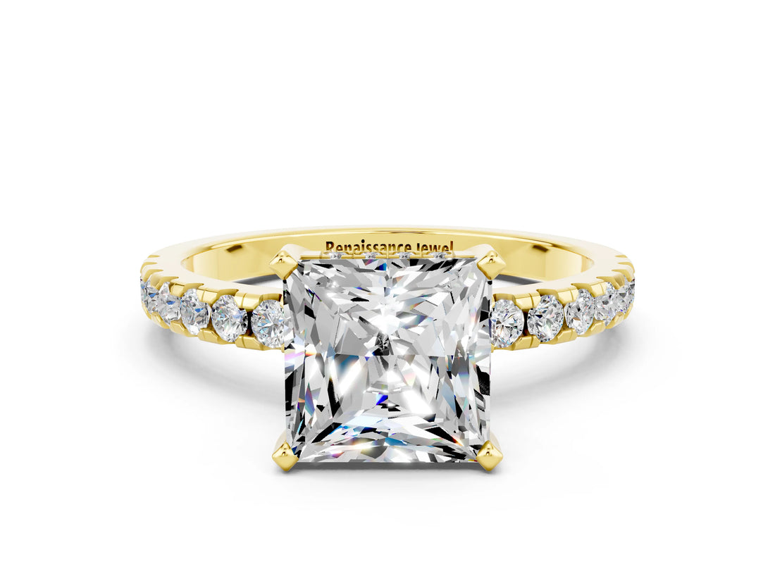 Yellow gold Princess Cut Moissanite Solitaire Ring with Round  Pavé Band and Four-Prong Setting_36