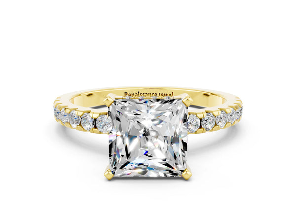 Yellow gold Princess Cut Moissanite Solitaire Ring with Round Pavé Band and Four-Prong Setting