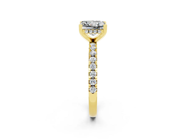 Yellow gold Princess Cut Moissanite Solitaire Ring with Round Pavé Band and Four-Prong Setting