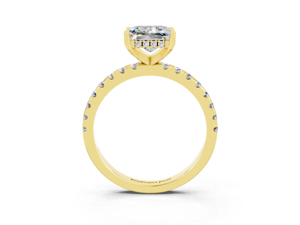 Yellow gold Princess Cut Moissanite Solitaire Ring with Round Pavé Band and Four-Prong Setting