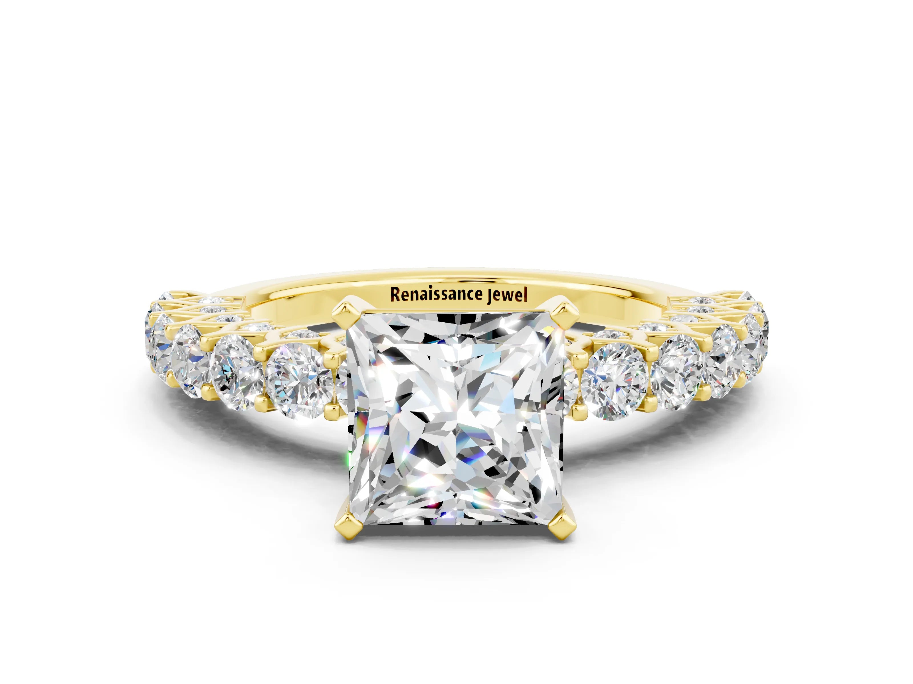 Yellow gold Princess Cut Moissanite Solitaire Ring with Shared Prong Pavé Band and Four-Prong Setting