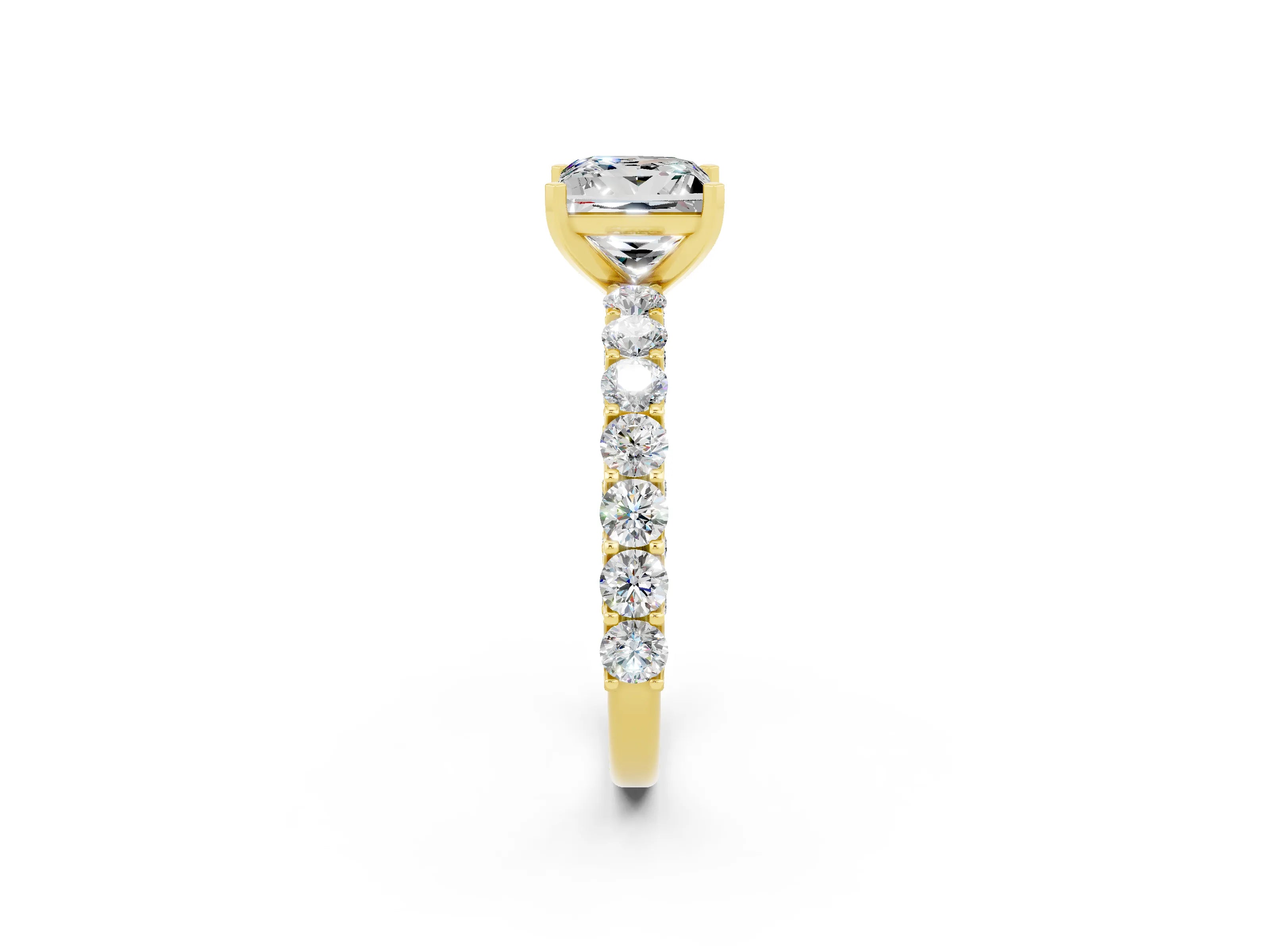 Yellow gold Princess Cut Moissanite Solitaire Ring with Shared Prong Pavé Band and Four-Prong Setting_2