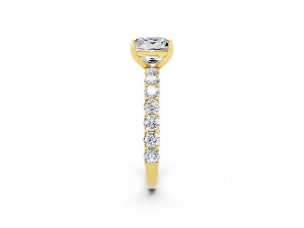 Yellow gold Princess Cut Moissanite Solitaire Ring with Shared Prong Pavé Band and Four-Prong Setting
