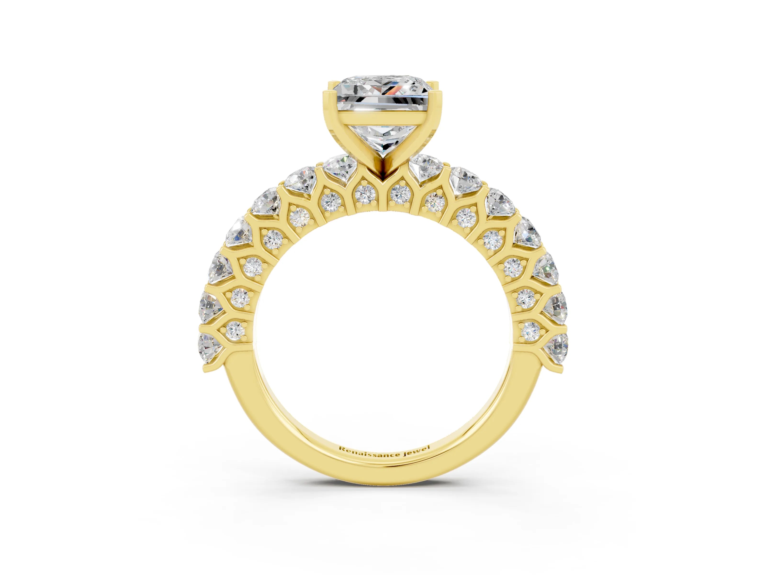 Yellow gold Princess Cut Moissanite Solitaire Ring with Shared Prong Pavé Band and Four-Prong Setting_3