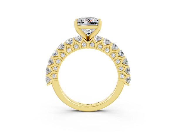 Yellow gold Princess Cut Moissanite Solitaire Ring with Shared Prong Pavé Band and Four-Prong Setting