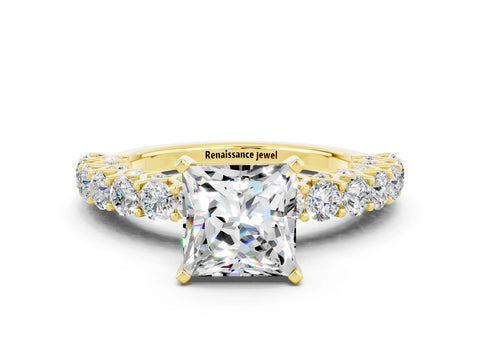 Yellow gold Princess Cut Moissanite Solitaire Ring with Shared Prong Pavé Band and Four-Prong Setting