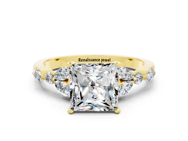 Yellow gold Princess Cut Moissanite Solitaire Ring with Side Stones and Four-Prong Setting
