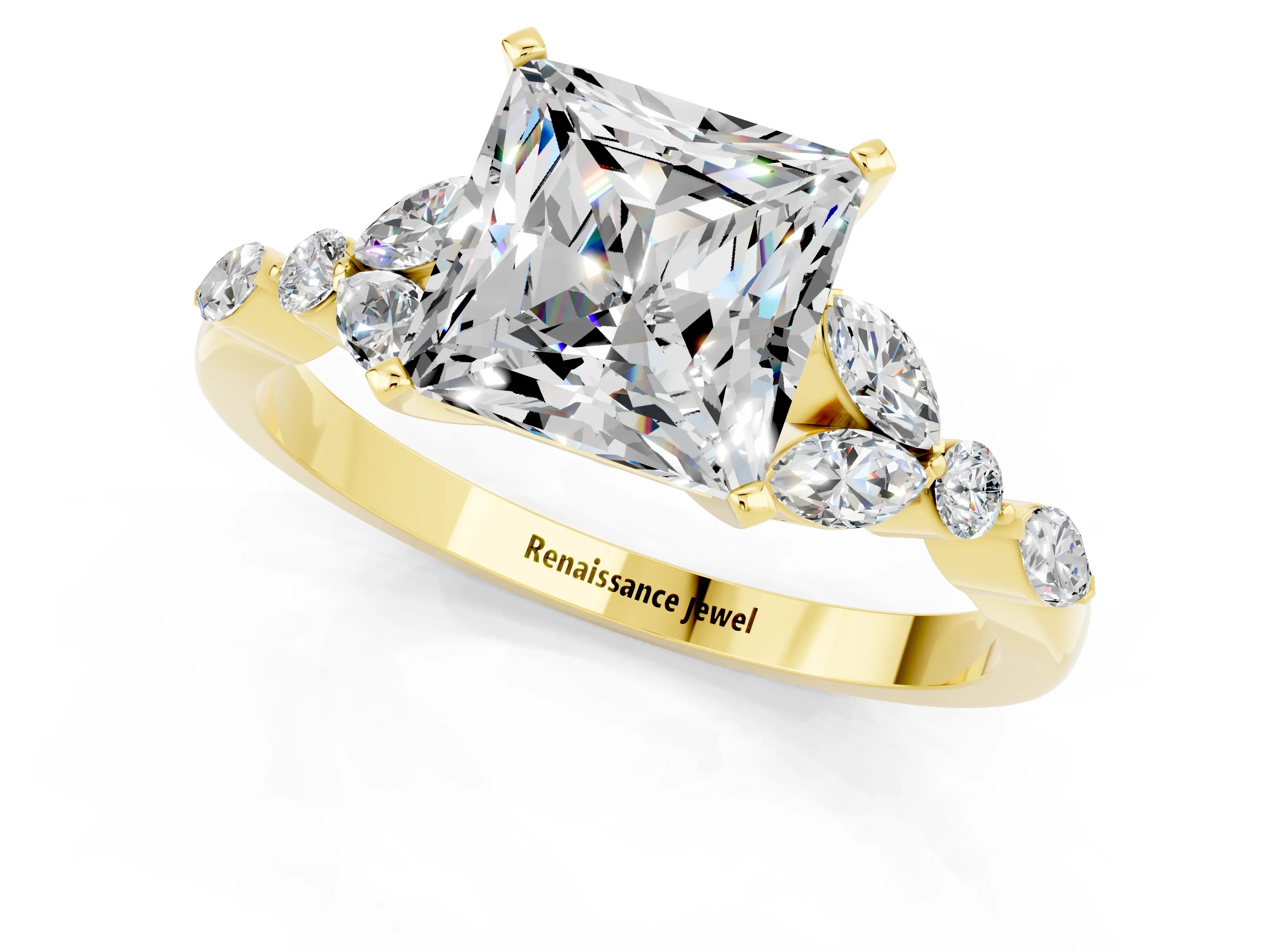 Yellow gold Princess Cut Moissanite Solitaire Ring with Side Stones and Four-Prong Setting_13
