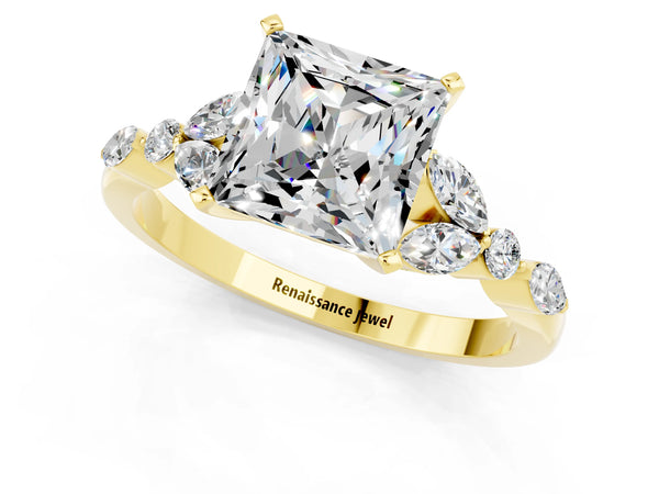 Yellow gold Princess Cut Moissanite Solitaire Ring with Side Stones and Four-Prong Setting