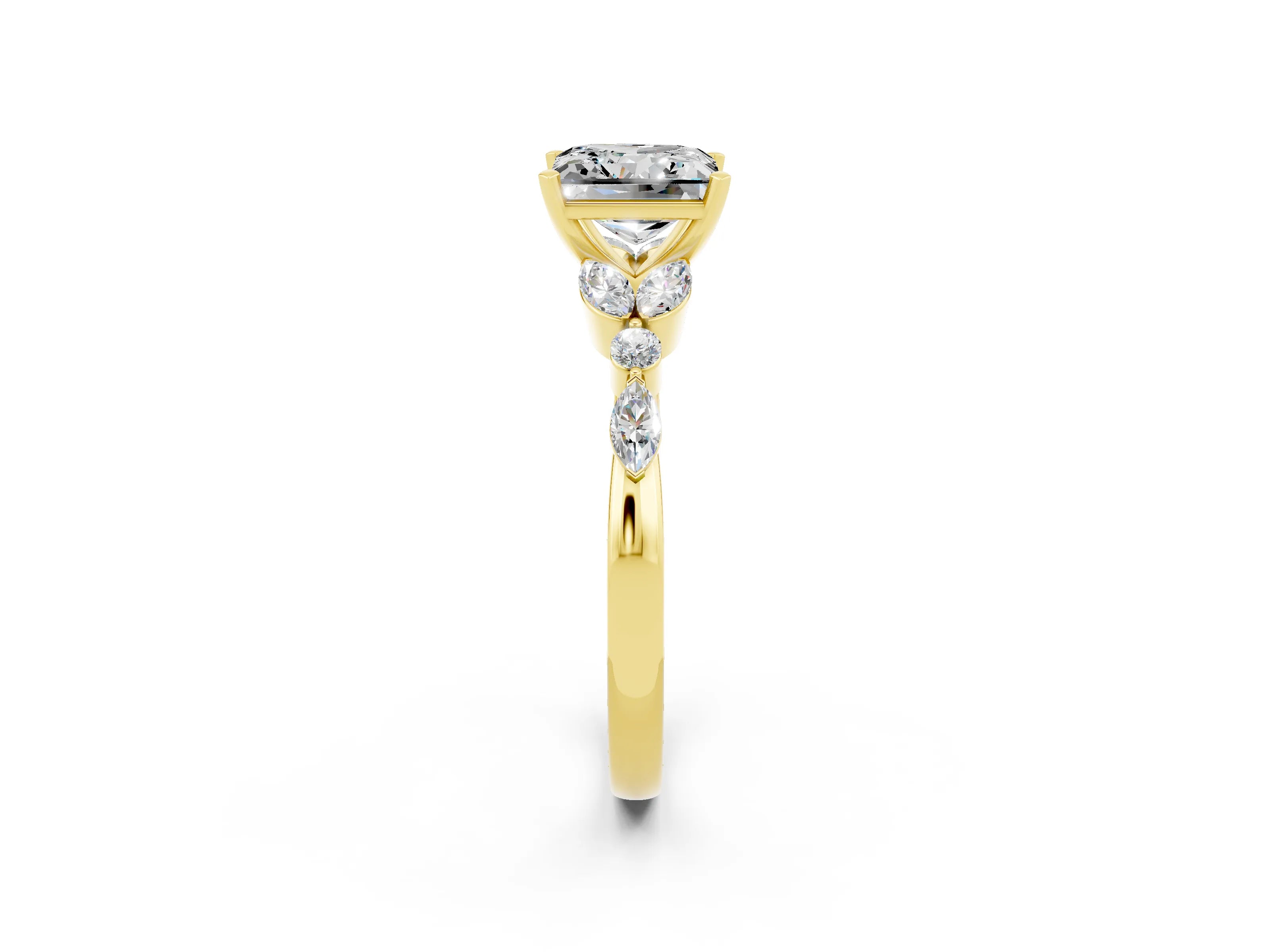 Yellow gold Princess Cut Moissanite Solitaire Ring with Side Stones and Four-Prong Setting_14
