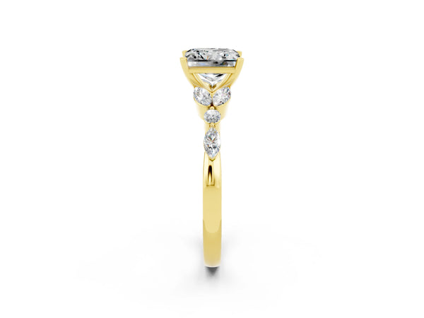 Yellow gold Princess Cut Moissanite Solitaire Ring with Side Stones and Four-Prong Setting