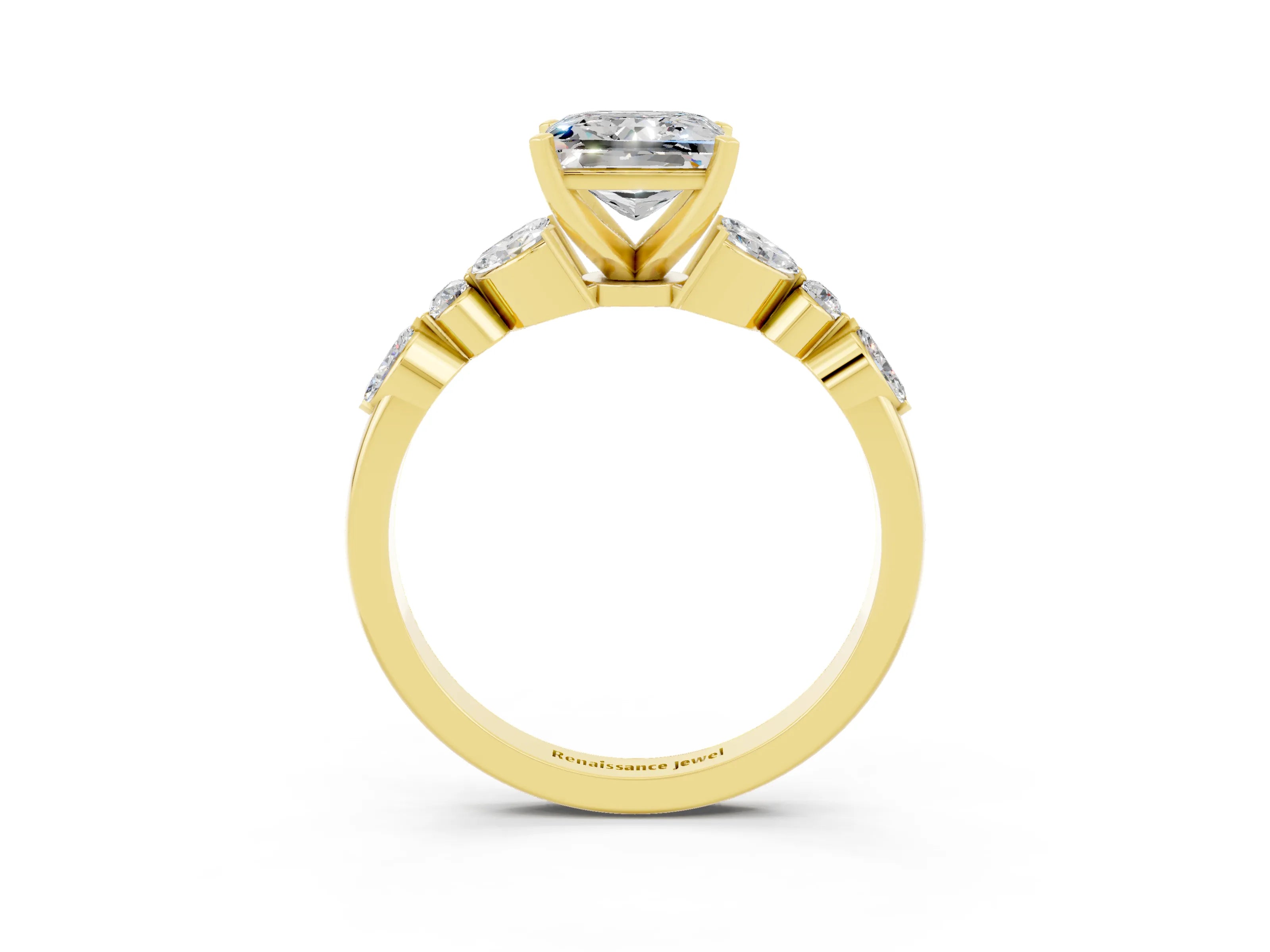 Yellow gold Princess Cut Moissanite Solitaire Ring with Side Stones and Four-Prong Setting_15