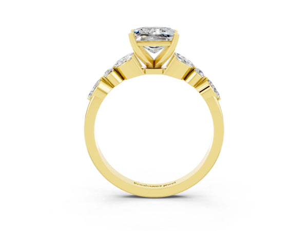 Yellow gold Princess Cut Moissanite Solitaire Ring with Side Stones and Four-Prong Setting