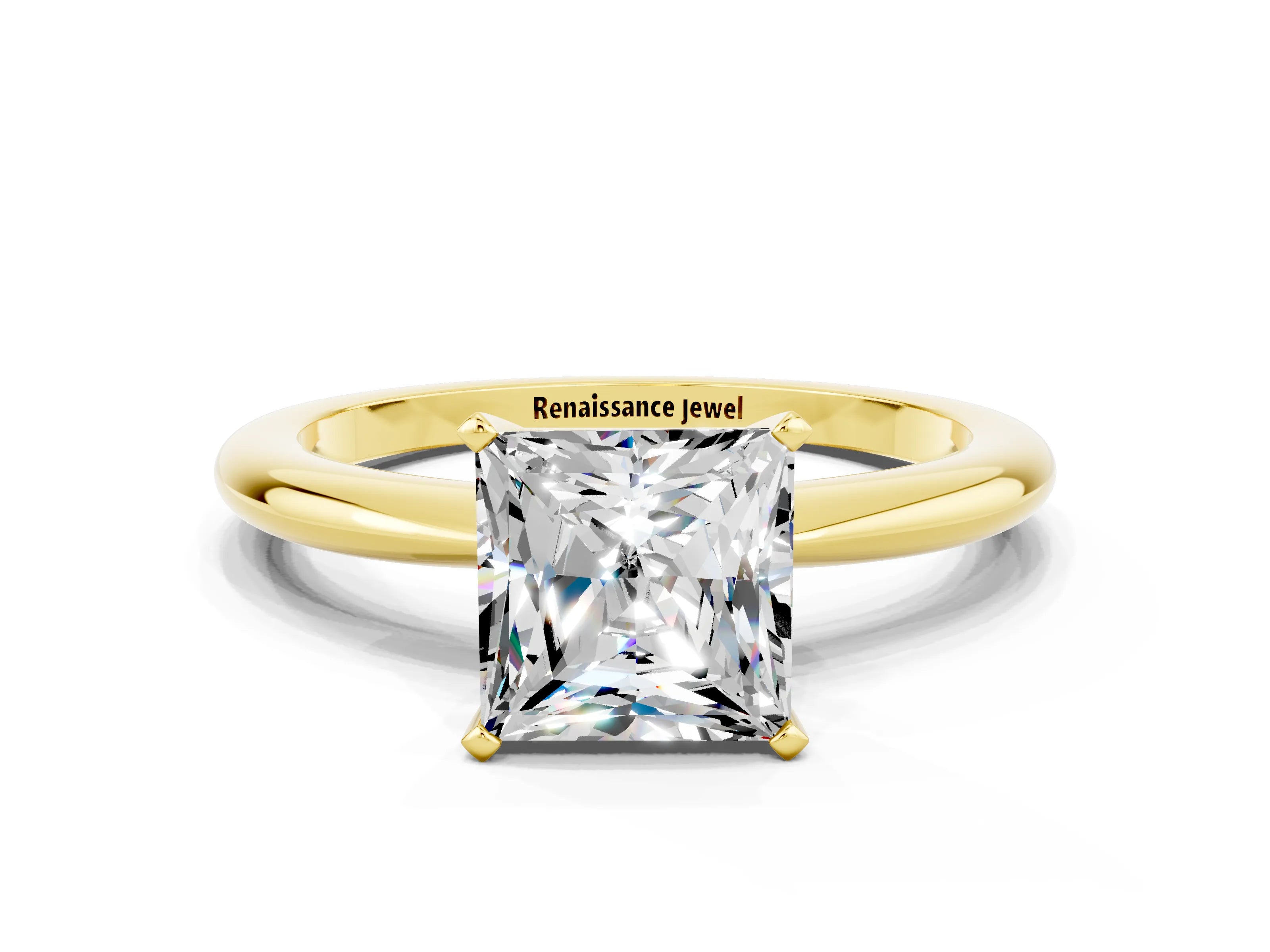 Yellow gold Princess Cut Moissanite Solitaire Ring with Six-Prong Setting and Classic Band