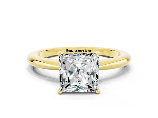 Yellow gold Princess Cut Moissanite Solitaire Ring with Six-Prong Setting and Classic Band
