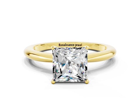 Yellow gold Princess Cut Moissanite Solitaire Ring with Six-Prong Setting and Classic Band