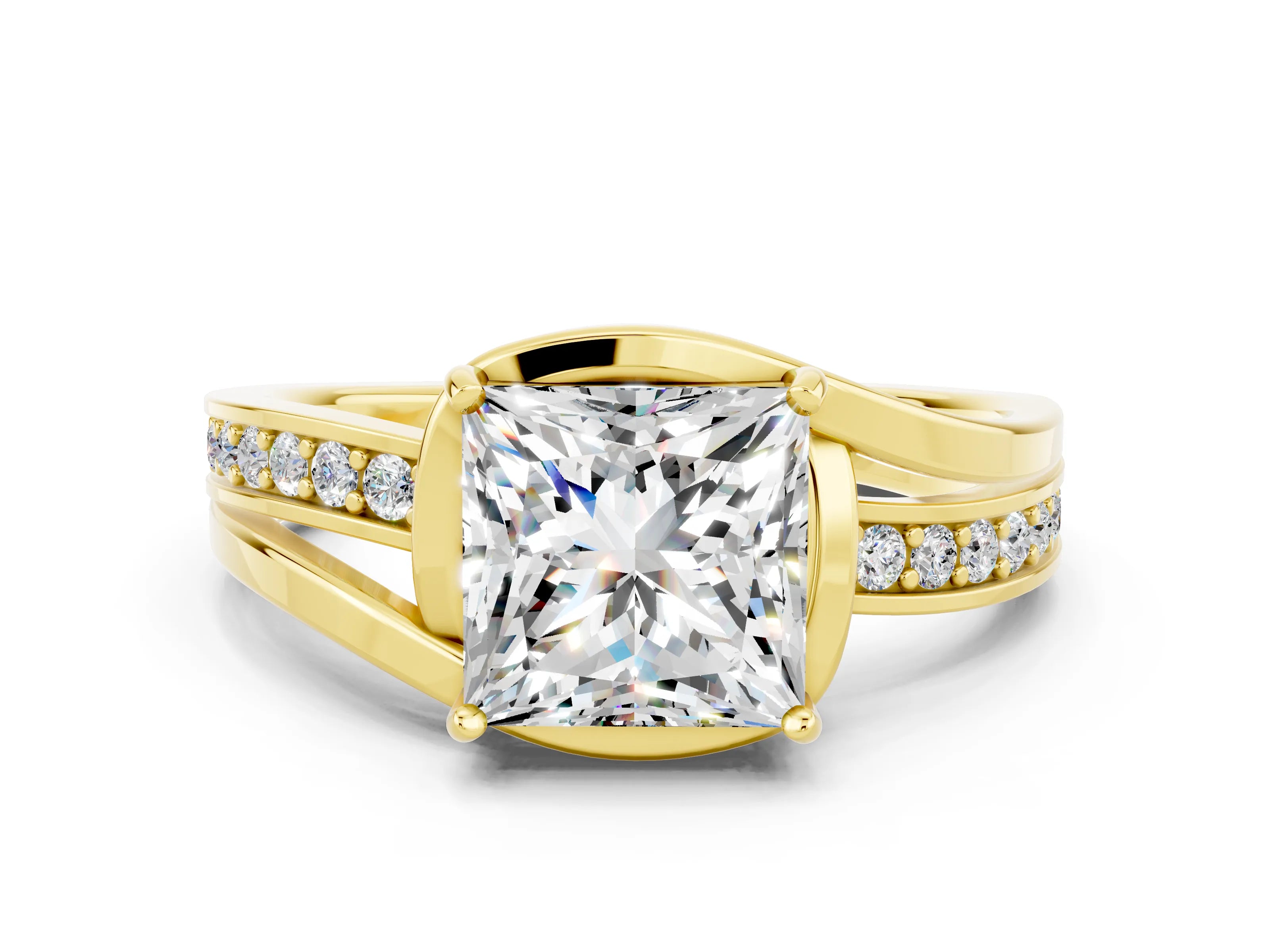 Yellow gold Princess Cut Moissanite Solitaire Ring with Split Shank and Prong Setting