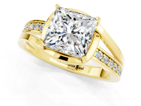 Yellow gold Princess Cut Moissanite Solitaire Ring with Split Shank and Prong Setting