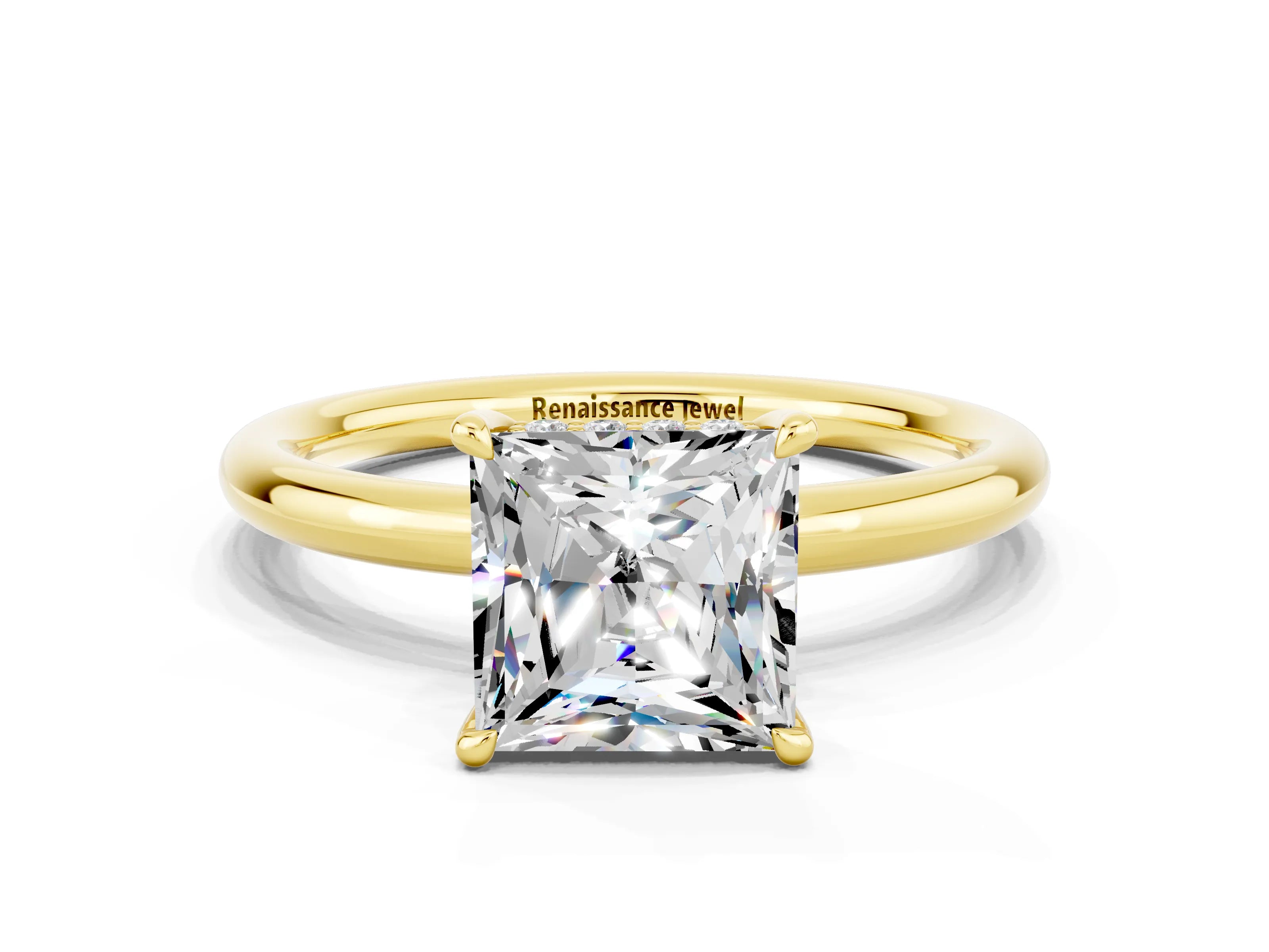 Yellow gold Princess Cut Moissanite Solitaire Ring with Thin Band and Four-Prong Setting