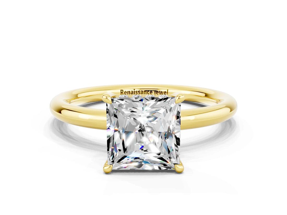 Yellow gold Princess Cut Moissanite Solitaire Ring with Thin Band and Four-Prong Setting