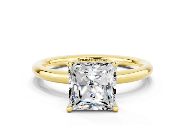 Yellow gold Princess Cut Moissanite Solitaire Ring with Thin Band and Four-Prong Setting