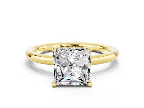 Yellow gold Princess Cut Moissanite Solitaire Ring with Thin Band and Four-Prong Setting