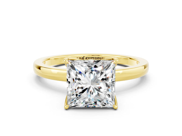 Yellow gold Princess Cut Moissanite Solitaire Ring with Thin Band and Prong Setting