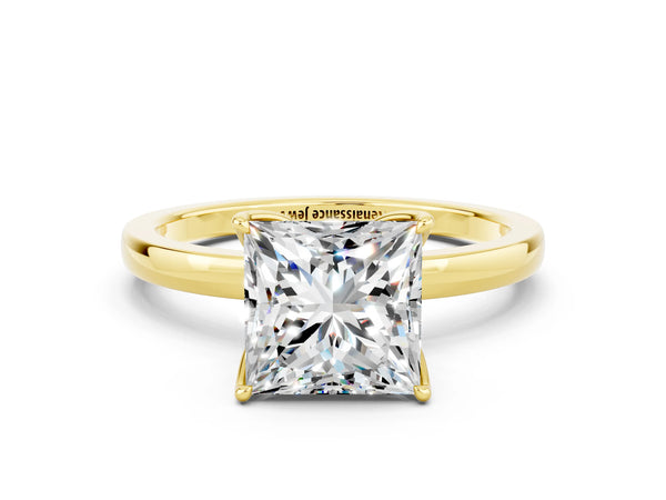 Yellow gold Princess Cut Moissanite Solitaire Ring with Thin Band and Prong Setting